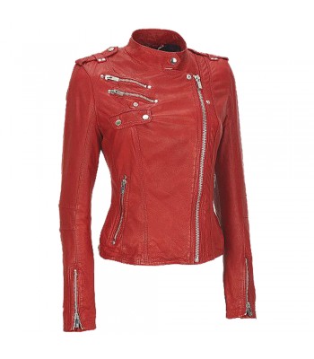 Women Genuine Real Leather Jacket Slim Fit Red Biker Jacket Velvet Lining Cross Zip Jacket